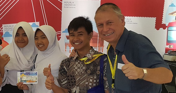 Alumni convenor Les Glassman at the Bandung World Stamp Exhibition, Indonesia, 2017
